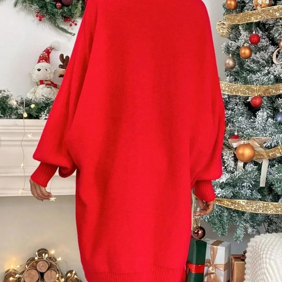 Red Casual Womens Letter Pattern Turtleneck Batwing Sleeve Sweater Dress - Picture 2 of 5